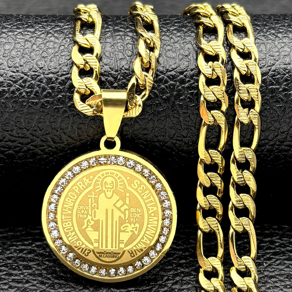 Colorful Crystal Saint Benedict Medal Necklace Women Men Stainless Steel Gold Color Chain Necklaces Jewelry San Benito N8391S05