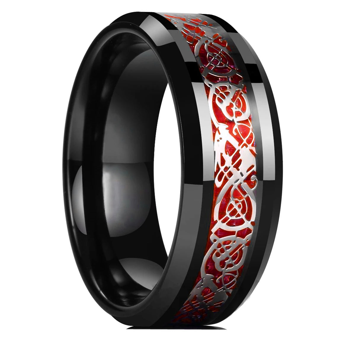 21 Colors 8mm Men's Stainless Steel Celtic Dragon Ring Inlay Red Green Black Carbon Fiber Ring Wedding Band Jewelry Size 6-13