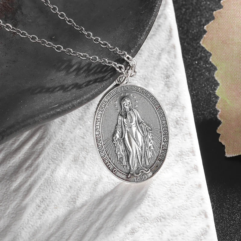 Classic Catholic Virgin Mary Square Pendant Necklace for Men Women Christian Religious Prayer Amulets Jewelry Gifts