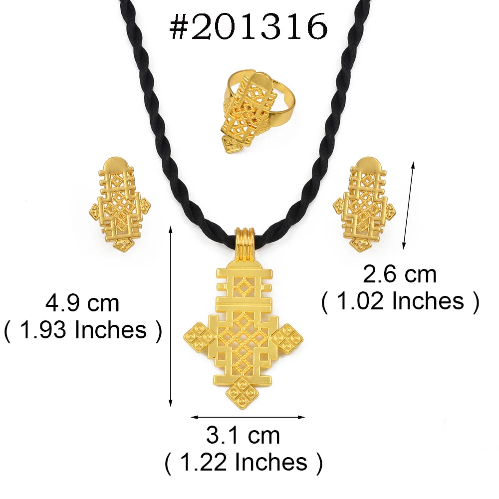 Ethiopian New Year Jewelry Sets Cross Necklaces Earrings Rings Eritrean Africa Bridal Christmas Day Party Gifts  #201316