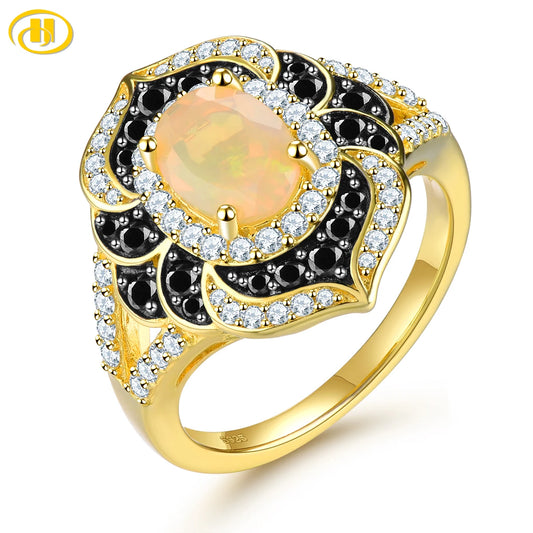 Natural Opal Black Spinel Silver Yellow Gold Plated Ring 2.5 Carats Genuine Gemstone Women Luxury Unique Style Fine Jewelrys