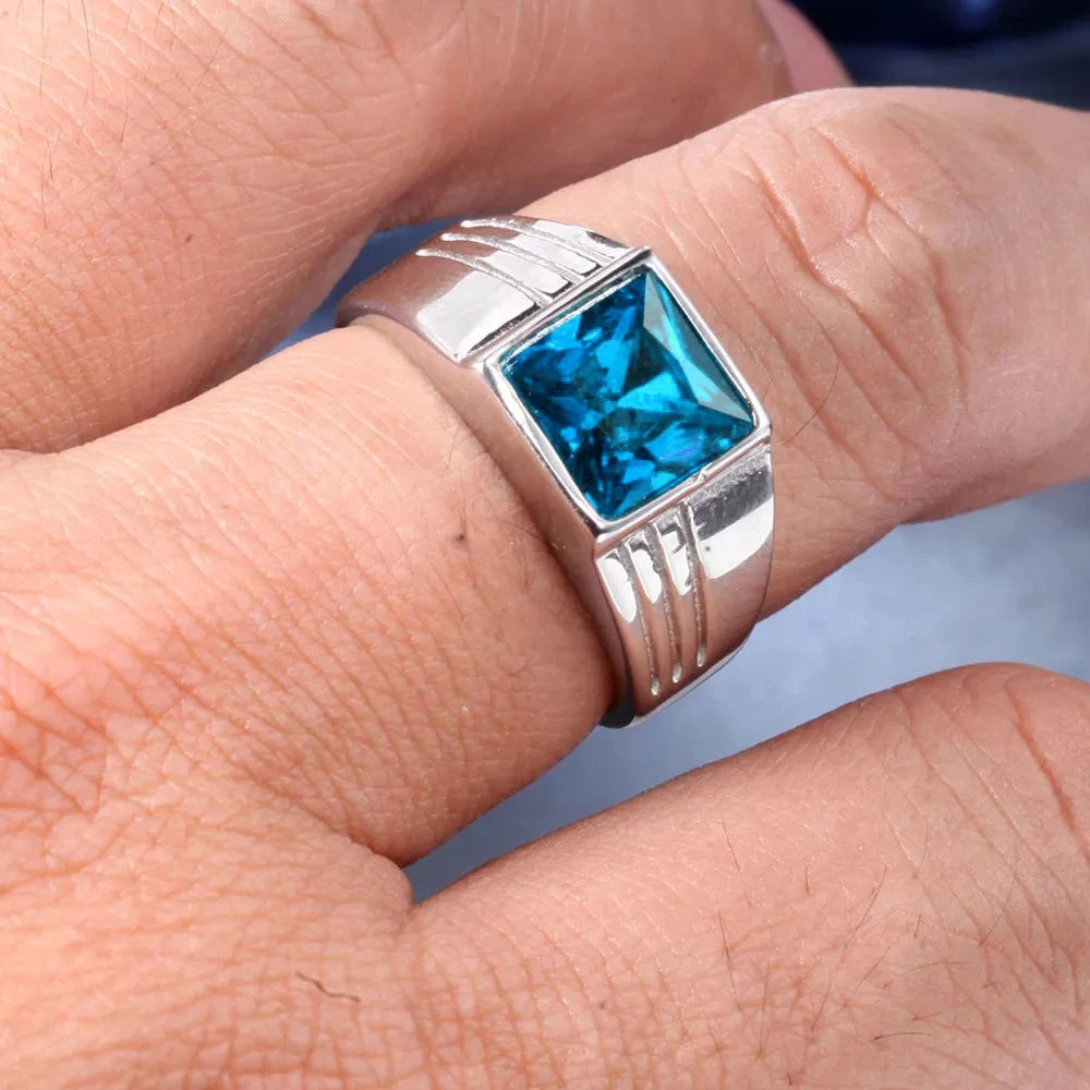 Fashion Men's Blue Crystal CZ Stone Ring Luxury Silver Color Engagement Ring Classic Wedding Party Jewelry Valentine's Day Gift