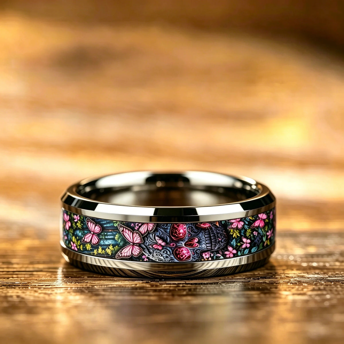 Vintage Gothic Punk Sugar Skull Pink Butterfly Dark Forest Floral Stainless Steel Ring Halloween Aesthetic Wedding Band Jewelry