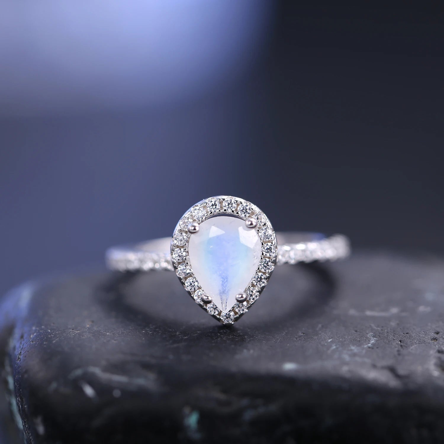GEM'S BALLET June Birthstone 925 Sterling Silver Vintage Pear Shaped Milky Blue Moonstone Halo Engagement Ring Gift For Her
