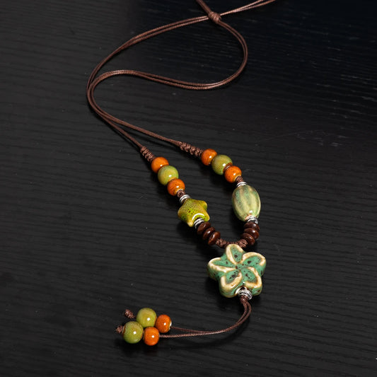 Nature-Inspired Handmade Ceramic Necklace Adjustable Boho Ethnic Jewelry Green Blossom Pendant Long Artisan Statement S02-051