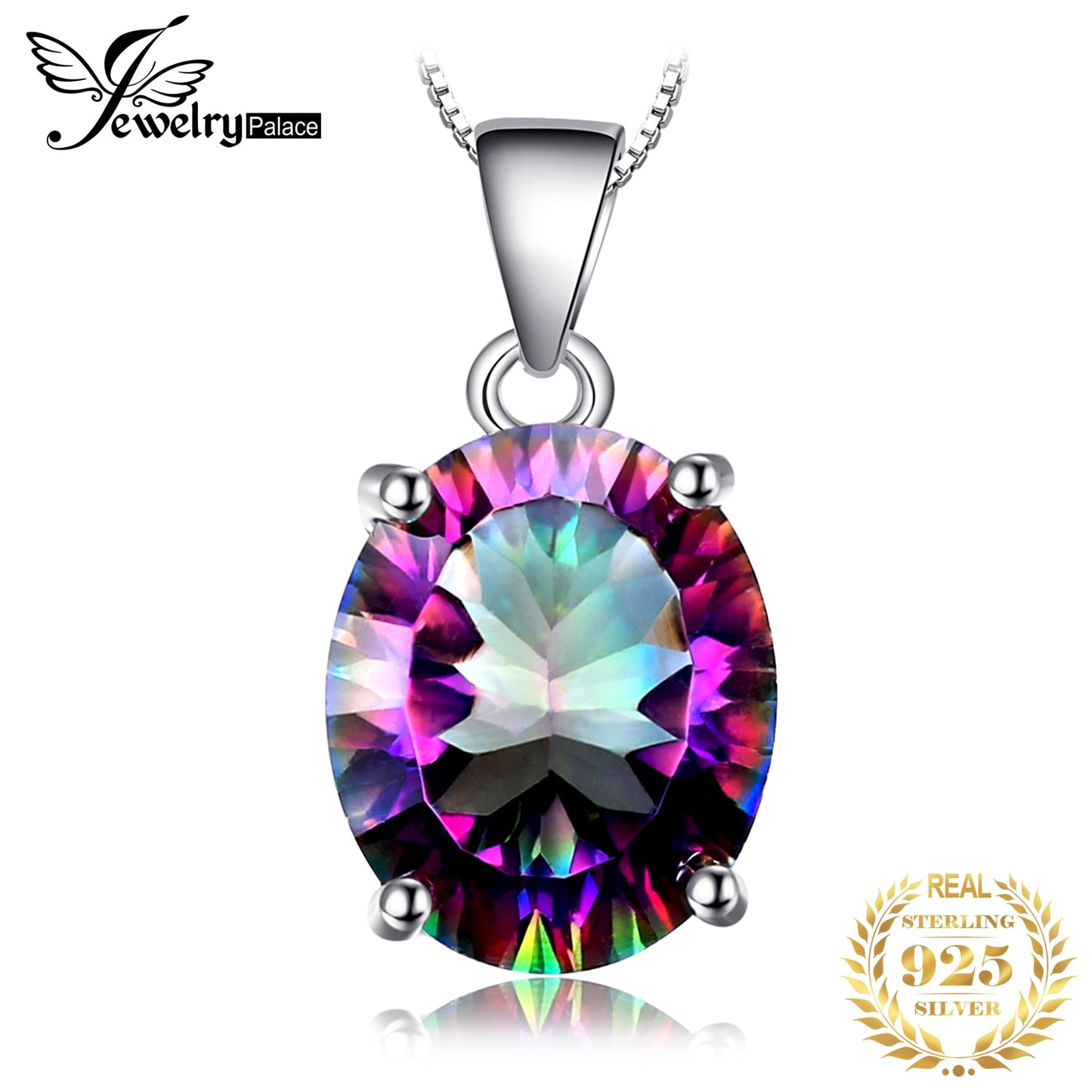 JewelryPalace Oval Rainbow Fire Mystic Quartz 925 Sterling Silver Pendant Necklace for Women Fashion Gemstone Choker No Chain