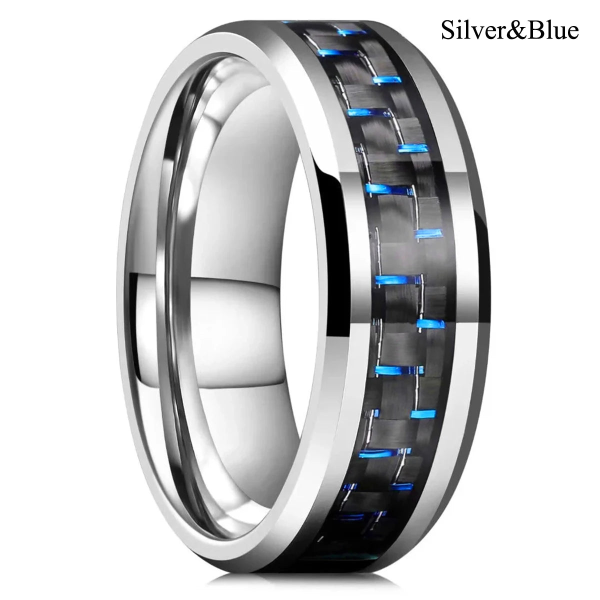 Fashion 8mm Men Stainless Steel Rings Inlaid Black Blue Red Carbon Fiber Rings For Men Wedding Engagement Party Jewelry Gifts