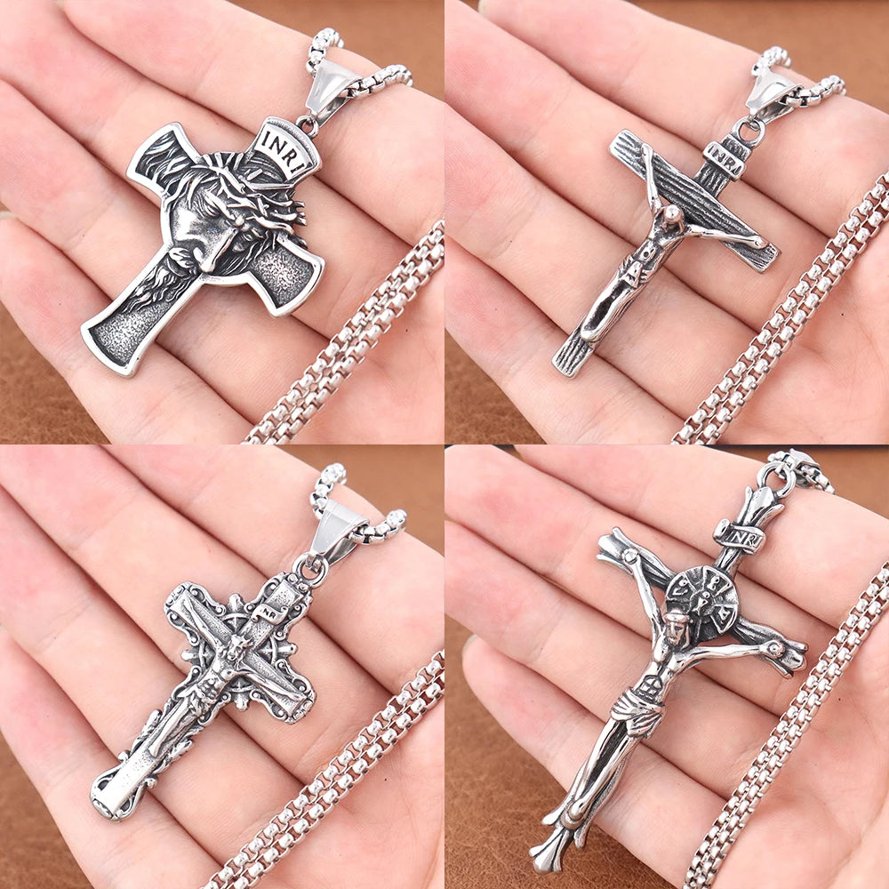Vintage Stainless Steel Jesus Cross Necklace Men's Classic Religious Believer INRI Cross Pendant Jewelry Creative Gift
