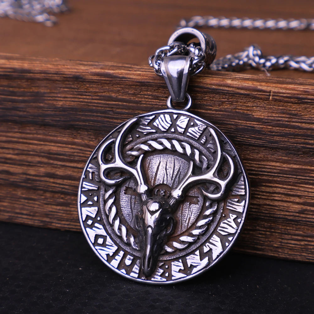 Vintage Viking Elk Skull Pendant Necklace Stainless Steel Norse Odin Viking Rune Necklace for Men Biker Amulet Jewelry Wholesale