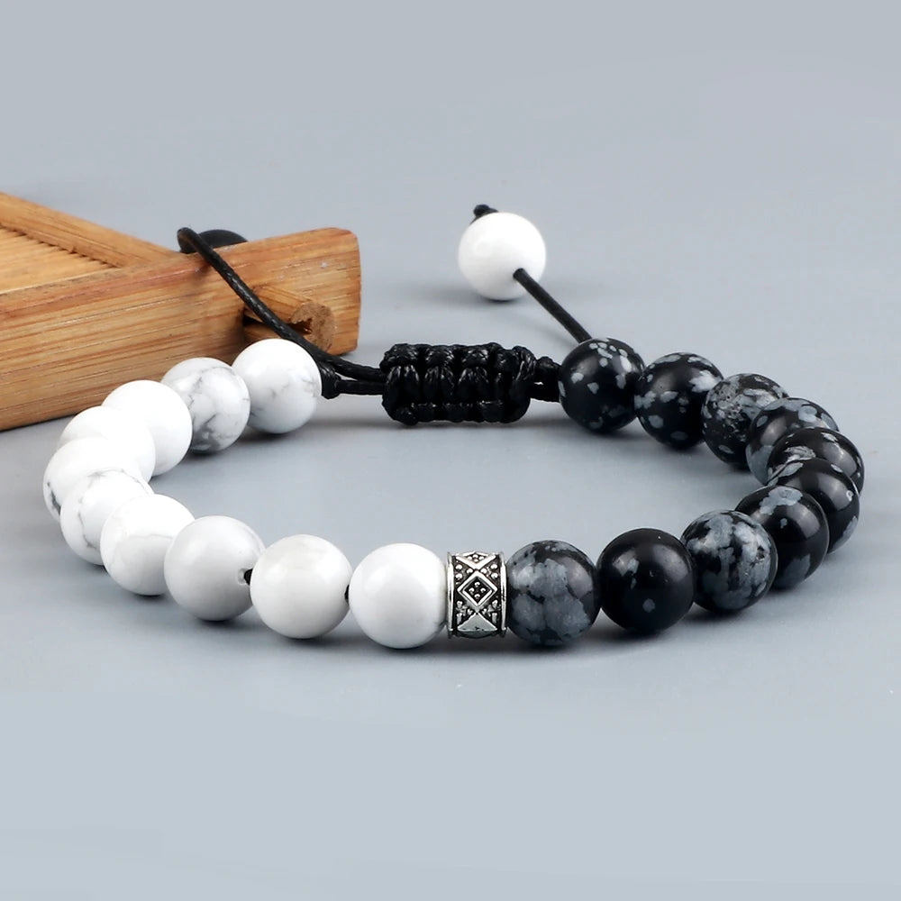 Fashion Black White Beaded Bracelets For Men 8mm Natural White Howlite Stone Beads Bracelet Women Meditation Prayer Jewelry Gift