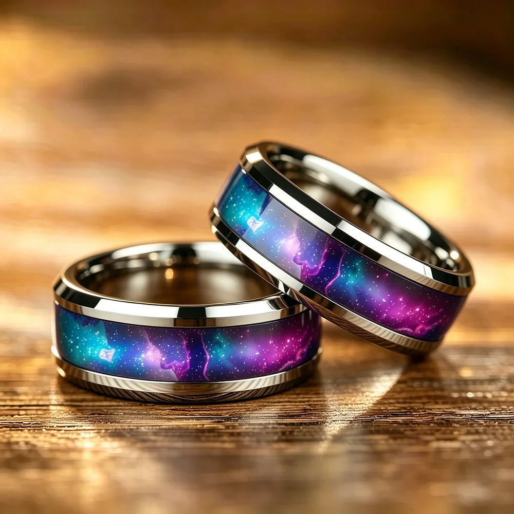 8mm Cosmic Starry Sky Stainless Steel Men Ring, Futuristic Design with Colorful Nebula Pattern Rings , Wedding Band Jewelry