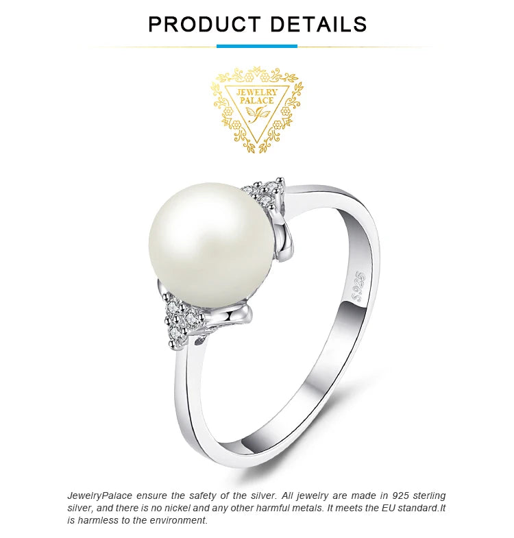 JewelryPalace 8mm White Shell Pearl 925 Sterling Silver Rings for Women Engagement Trendy Ring Fashion Gift Fine Jewelry