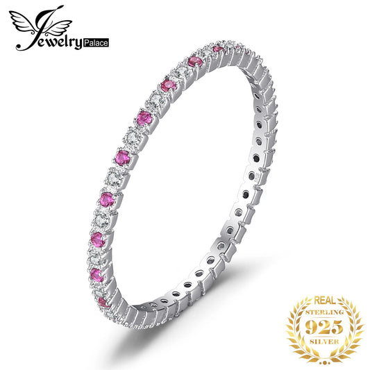 JewelryPalace Created Ruby 925 Sterling Silver Wedding Band Ring for Women Engagement Party Fine Jewelry Stackable Fashion Gift