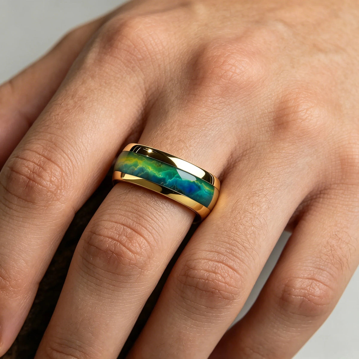 Luxury Gold Color With Green Blue Aurora Borealis Pattern Inlay Stainless Steel Men's Ring Wedding Band Jewelry Wholesale