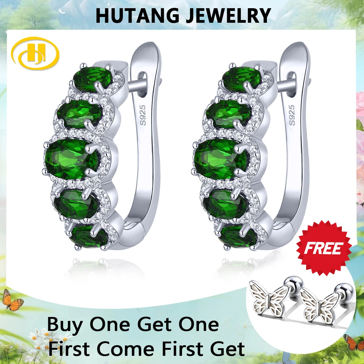 Natural Chrome Diopside Solid Silver Clip Earring 3.5 Carats Faced Gemstone Classic Simple Design S925 Women Birthday Gifts Default Title