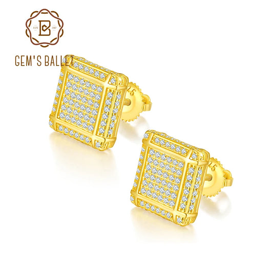GEM'S BALLET 18K Gold 925 Sterling Silver Iced Out Moissanite Screw Back Square Stud Earring For Men Micropave Hip Hop Jewelry