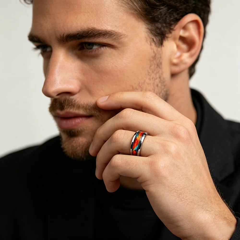 Fashion Men's Stainless Steel Ring with Flame Gradient Inlay Suitable for Daily Wear & Special Occasions, Gift for Him Non-Fade