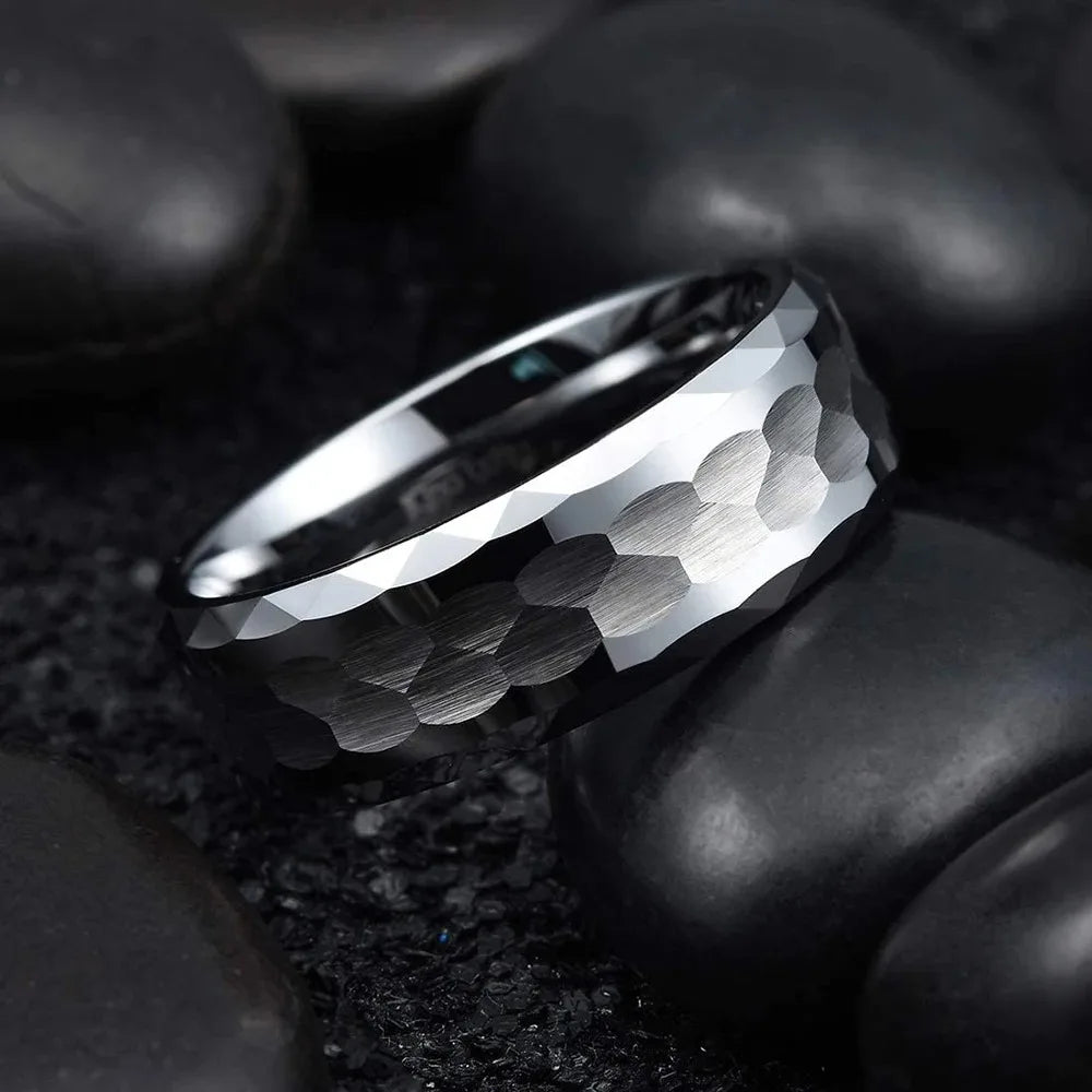 Fashion 8mm Men Stainless Steel Rings Silver Color Hammered Design Multi-Faceted Rings For Men Women Wedding Band Jewelry Gifts