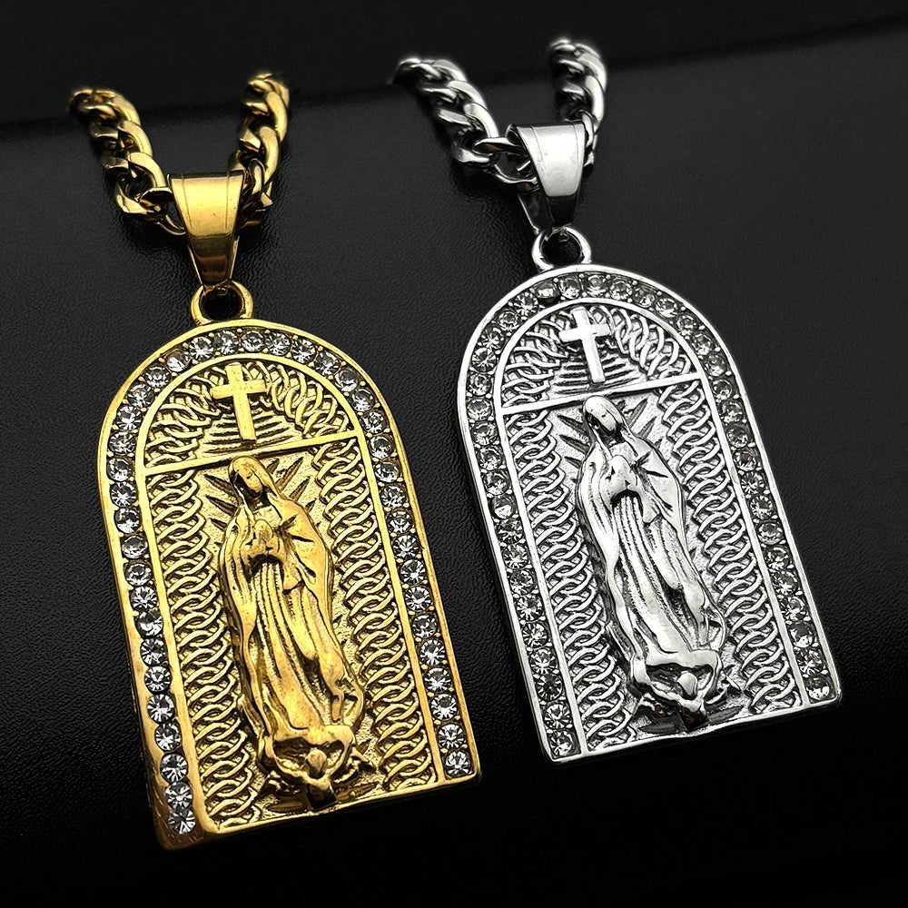 Catholic Virgin Mary Rhinestones Pendant Necklace for Women Men Stainless Steel Gold Color Our Lady of Guadalupe Chain Jewelry