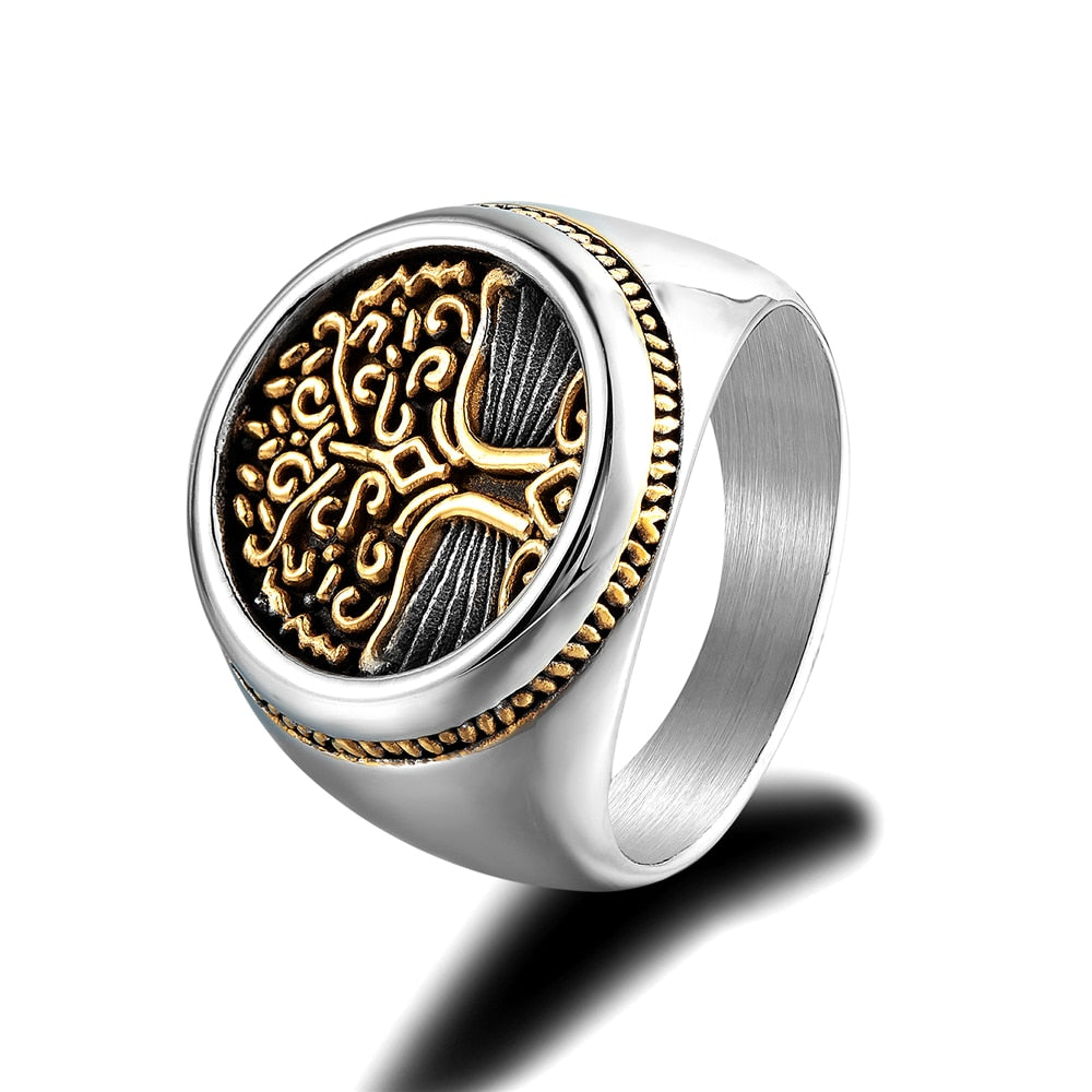Punk Men&#39;s Tree of Life Symbol Rings Mix Gold Stainless Steel Norse Mythology Amulet Signet Ring Retro Jewelry Male Accessories Tree of Life