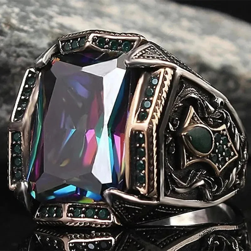 Retro Turkish Handmade Men Rings Vintage Carved Pattern Red/Blue/Rainbow Zircon Rings Rock Punk Islamic Muslim Wedding Jewelry