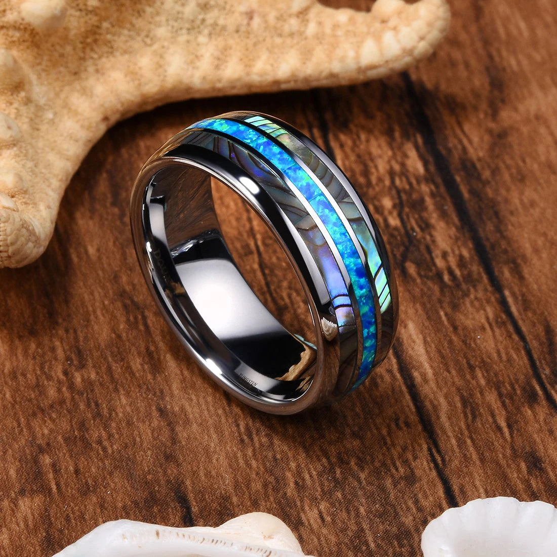 Fashion Men Silver Color Stainless Steel Rings, Inlay Blue Opal and Abalone Shell Rings For Men Women, Wedding Band Jewelry Gift