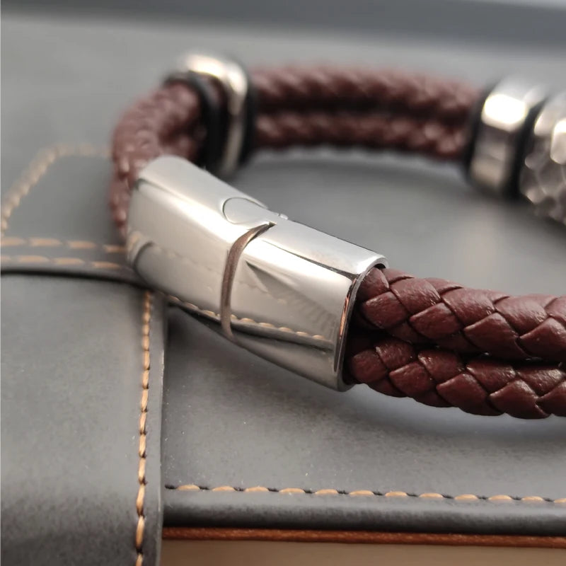 Brown Luxury 316L Stainless Steel Irregularly Cracked Man Bracelet Genuine Braided Leather Men's Jewelry Free Shipping Items