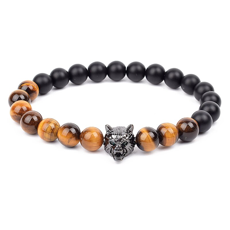 Wolf Charm Bracelets Men Natural Black Agates Onyx Stone Bracelet Brave Blue Tiger Eye Elastic 8 mm Beads Jewelry Beaded Pulsera Yellow tiger eye 1