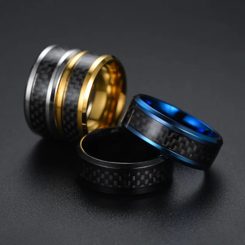 Classic 8mm Men Ring Titanium Stainless Steel Ring Inlay Black Blue Carbon Fiber Ring Wedding Jewelry Christmas Gift Accessories
