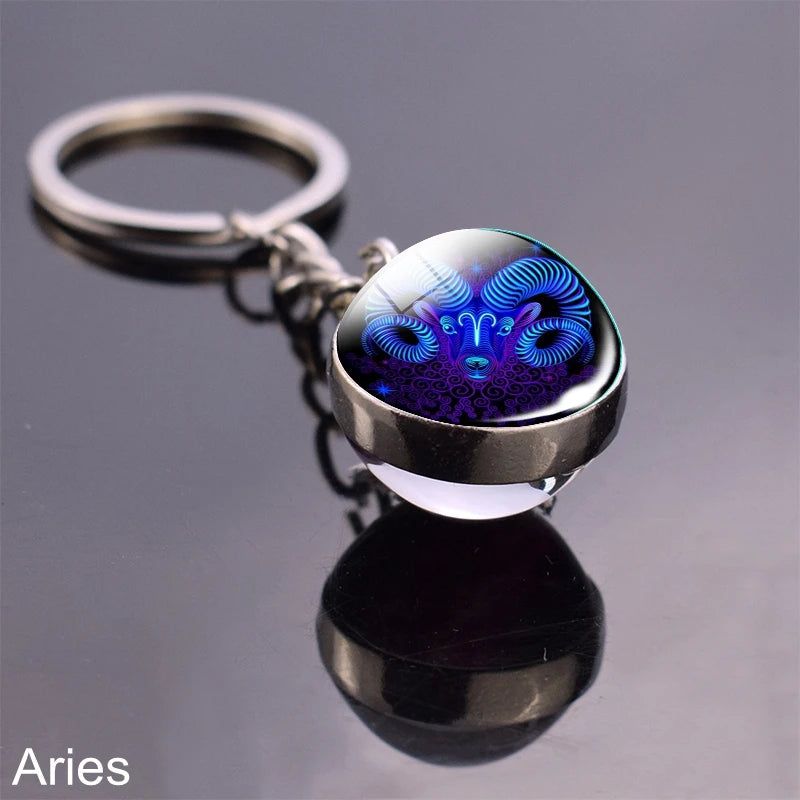 12 Zodiac Sign Keychain Sphere Ball Crystal Key Rings Scorpio Leo Aries Constellation Birthday Gift for Women and Mens Aries