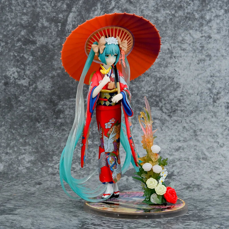 Boxed 22CM New Anime Hatsune Miku kimono Umbrella Beautiful girl series PVC Action figure Model toys doll Ornaments fans gifts