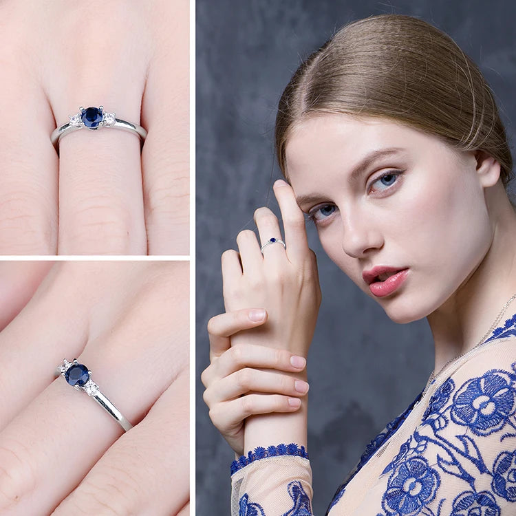 JewelryPalace Created Blue Sapphire 925 Sterling Silver 3 Stones Promise Ring for Women Fashion Gemstone Jewelry Wedding Gift