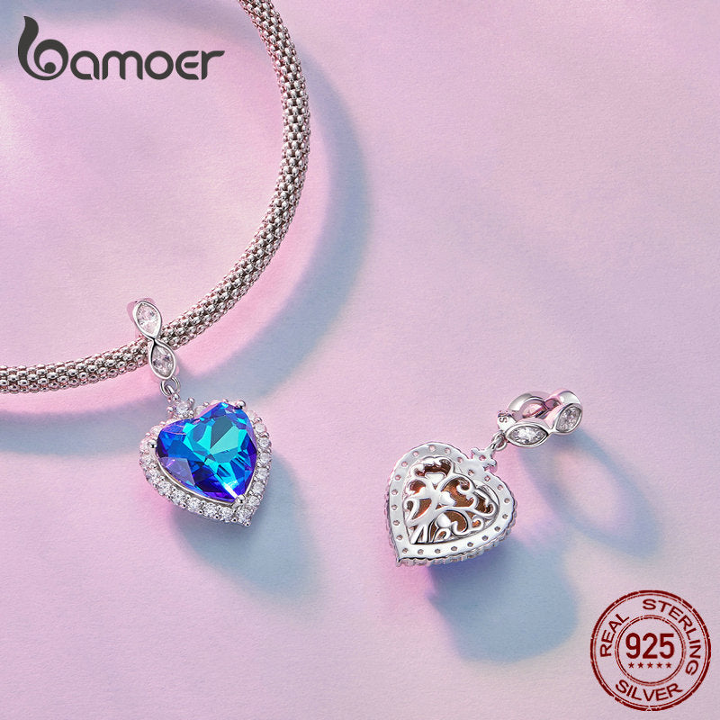 Bamoer 925 Sterling Silver Blue Heart of the Sea Hanging Bead Love Pendant Charms for Women Bracelet DIY Fine Jewelry BSC775