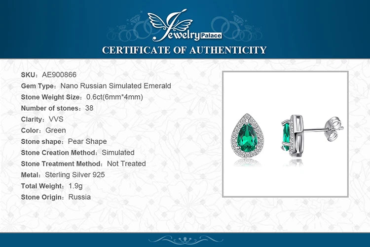JewelryPalace Pear Green Simulated Nano Emerald 925 Sterling Silver Stud Earrings for Women Gemstones Statement Earrings Jewelry