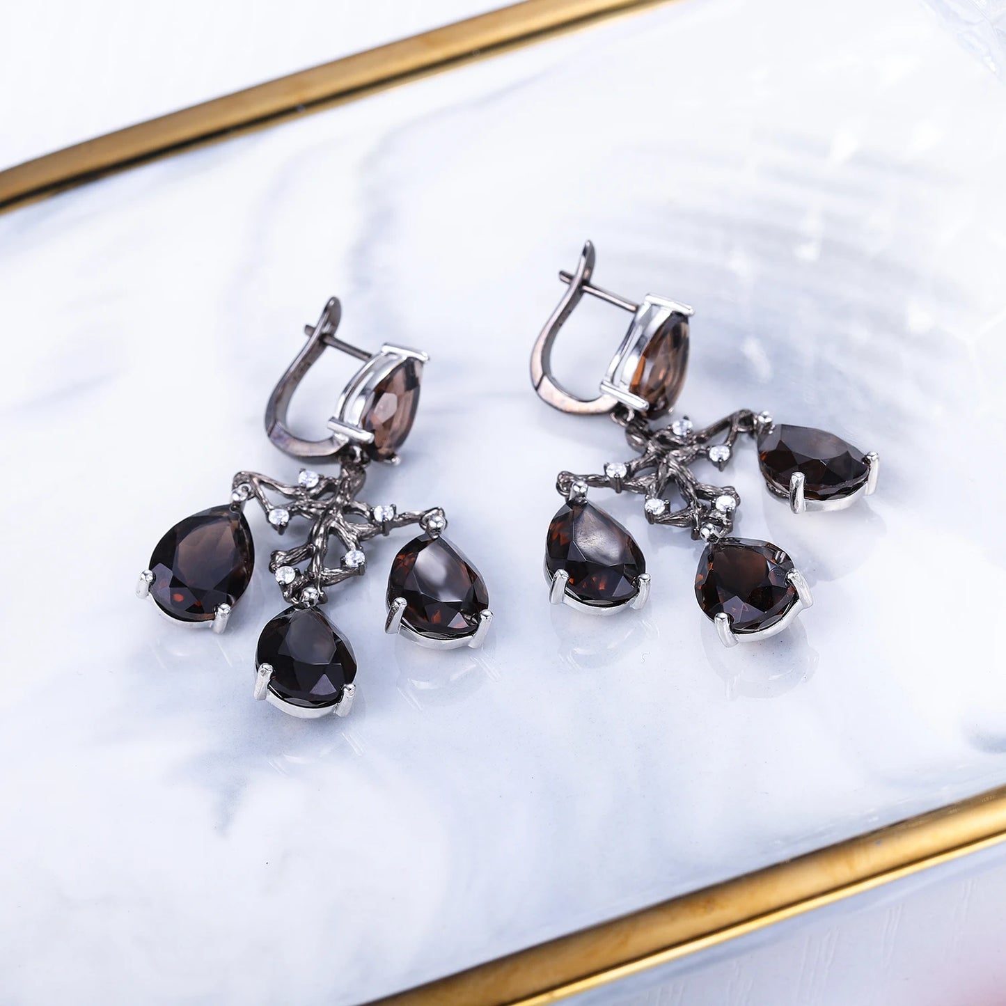 GEM'S BEAUTY 925 Sterling Silver Leaves Branch Fruits Earrings with Natural Smoky Quartz Handmade Vintage Jewelry Gifts For Her