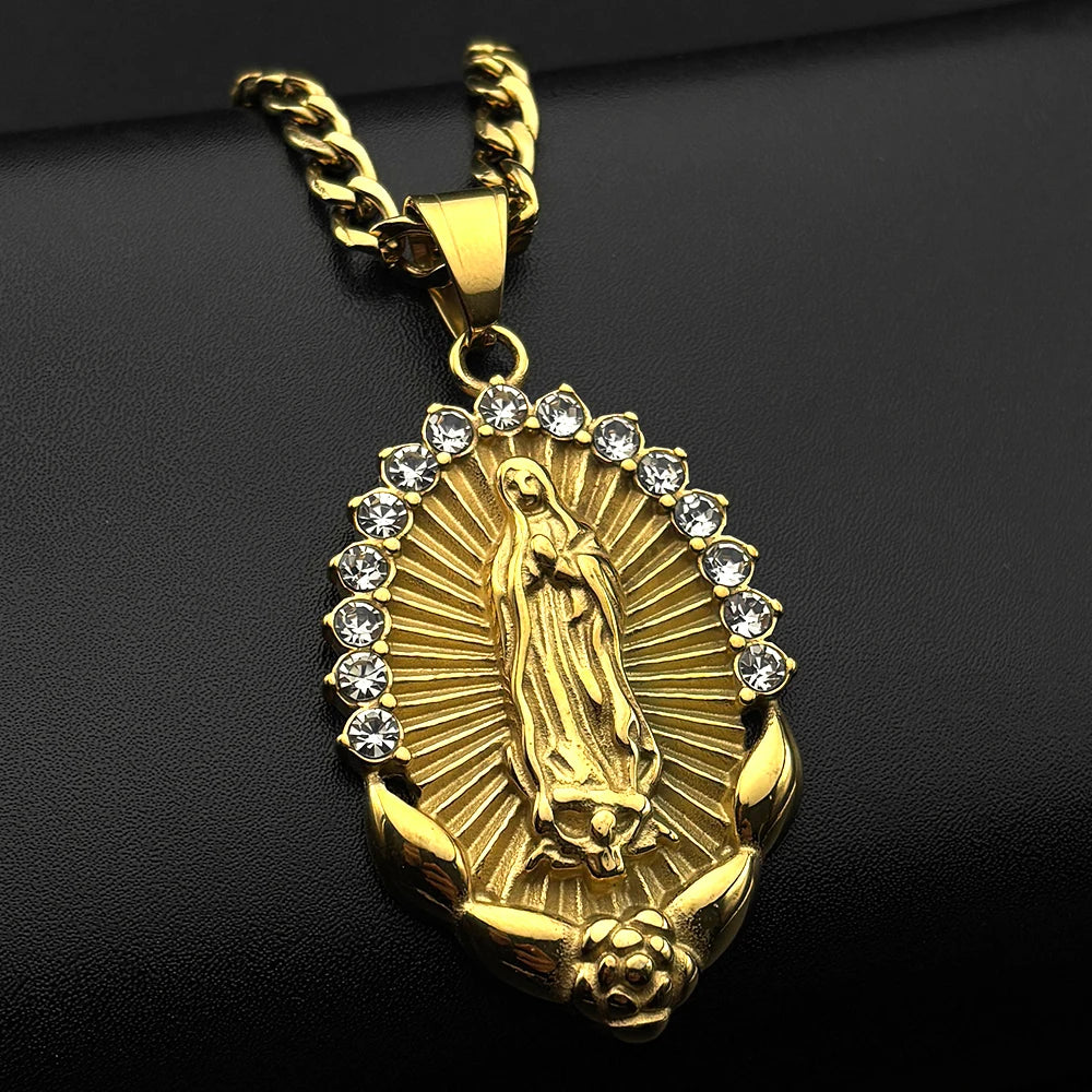 Catholic Virgin Mary Rhinestones Pendant Necklace for Women Men Stainless Steel Gold Color Our Lady of Guadalupe Chain Jewelry