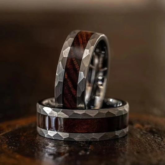With Koa Wood Inlay Rings for Men Fashion 8mm Hammered Silver Color Men Stainless Steel Rings Wedding Band Jewelry Wholesale