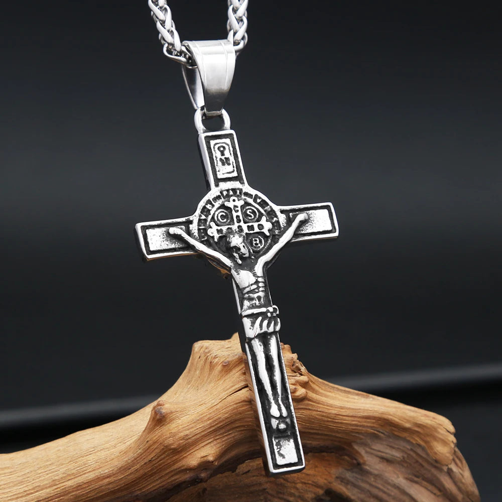 Vintage 316L Stainless Steel Crucifix With Saint Benedict Medal Pendant Necklace For Men Women Catholic Amulet Jewelry Wholesale