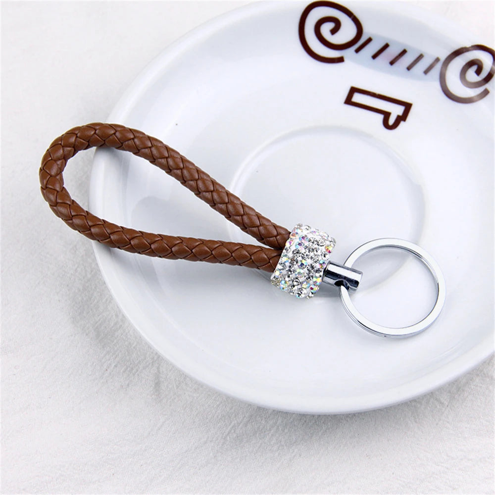 Fashion PU Leather Woven Keychain Glitter Rhinestones Braided Rope Keyring For Men Women Car Key Holder Charms Accessories Gifts J CHINA