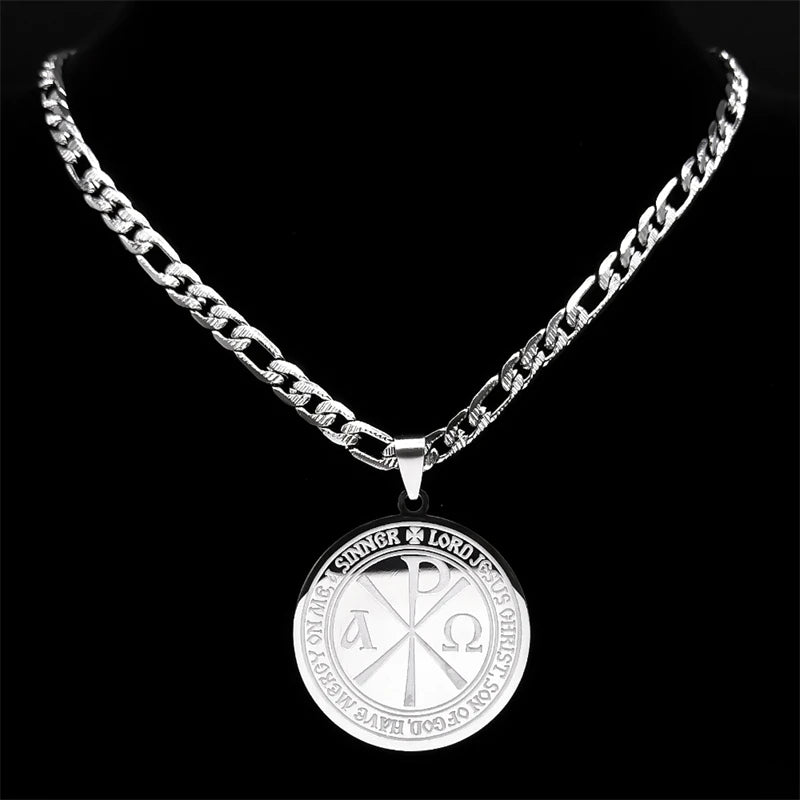 Chi Rho ΧΡ Constantine Cross Necklace Men Stainless Steel Alpha And Omega Christian Greek Alphabet Necklaces Jewelry  9717