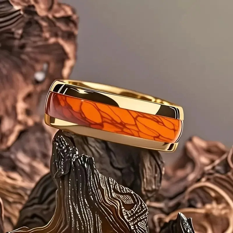Fashion Black Men Stainless Steel Ring with Volcanic Lava and Golden Foil Pattern Inlay Rings for Men Wedding Jewelry Drop Ship