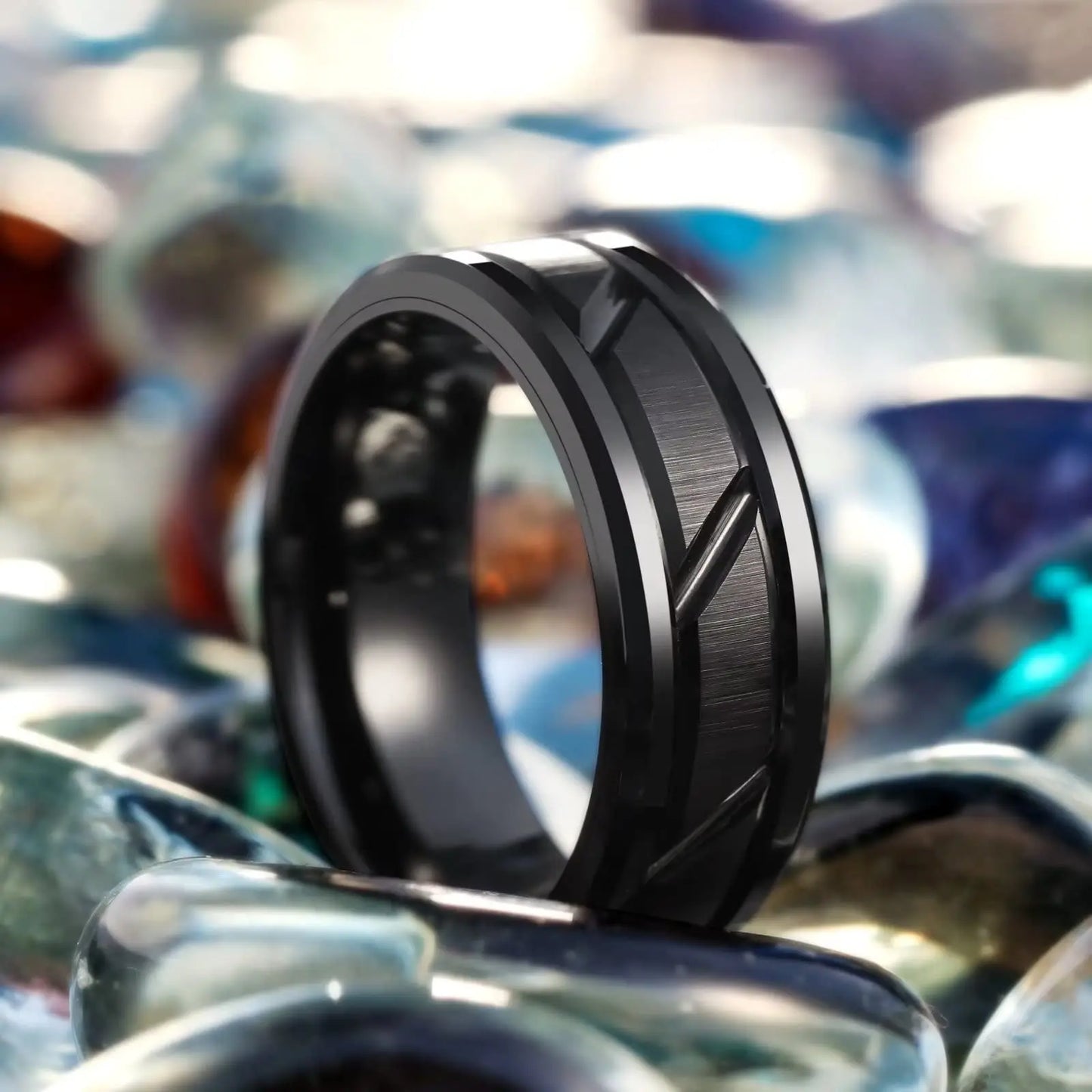 Fashio Men Rings Black Titanium Stainless Steel Rings For Men Women Brick Pattern Finish Beveled Edge Wedding Ring Party Jewelry