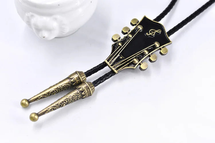 Popular guitar instrument genuine leather polo tie pendant necklace,adjustable,oil dripping technique,gift for music enthusiasts