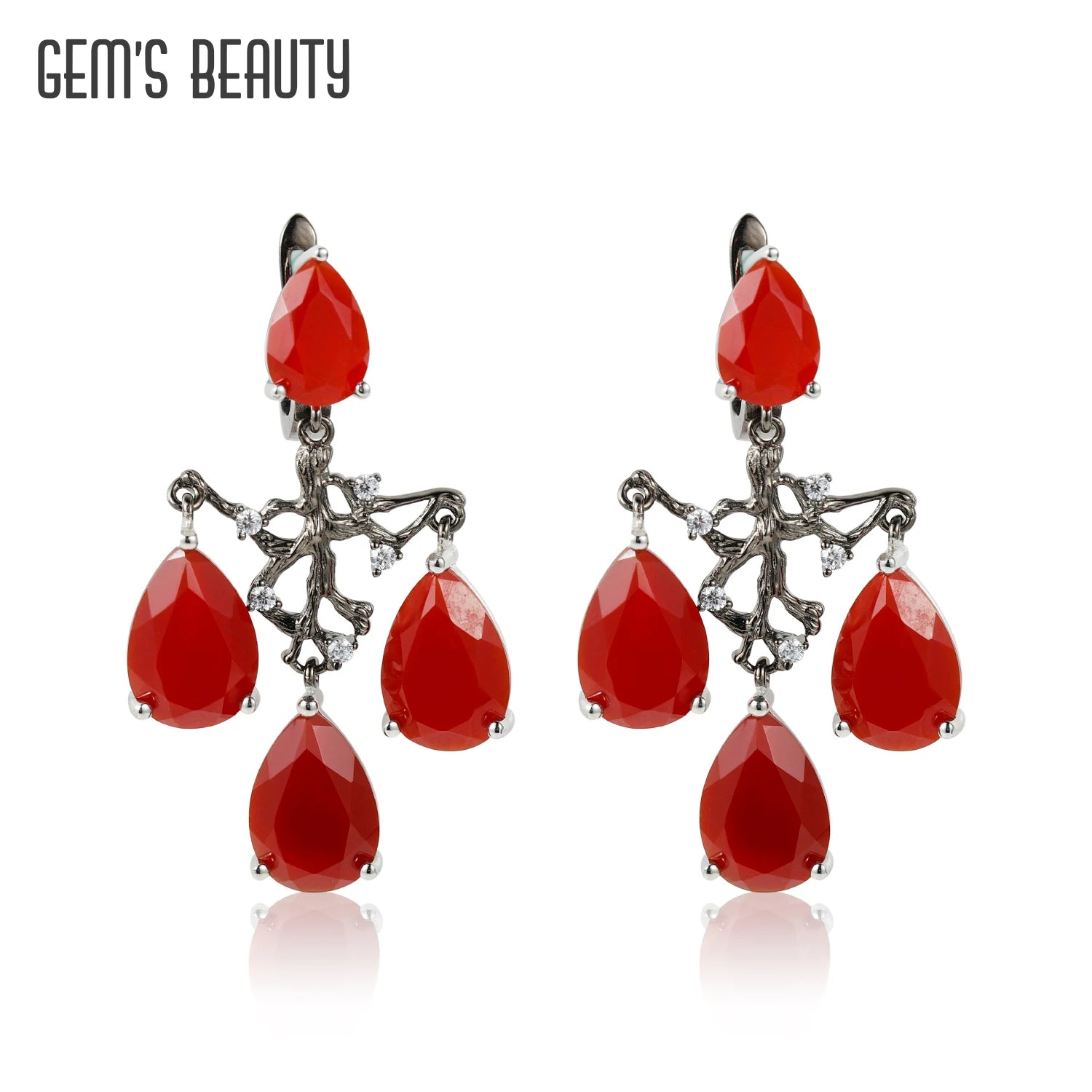 GEM'S BEAUTY 925 Sterling Silver Tree Roots Branches Earrings with Red Agate Freeform Earrings Handmade Jewelry Gifts For Her