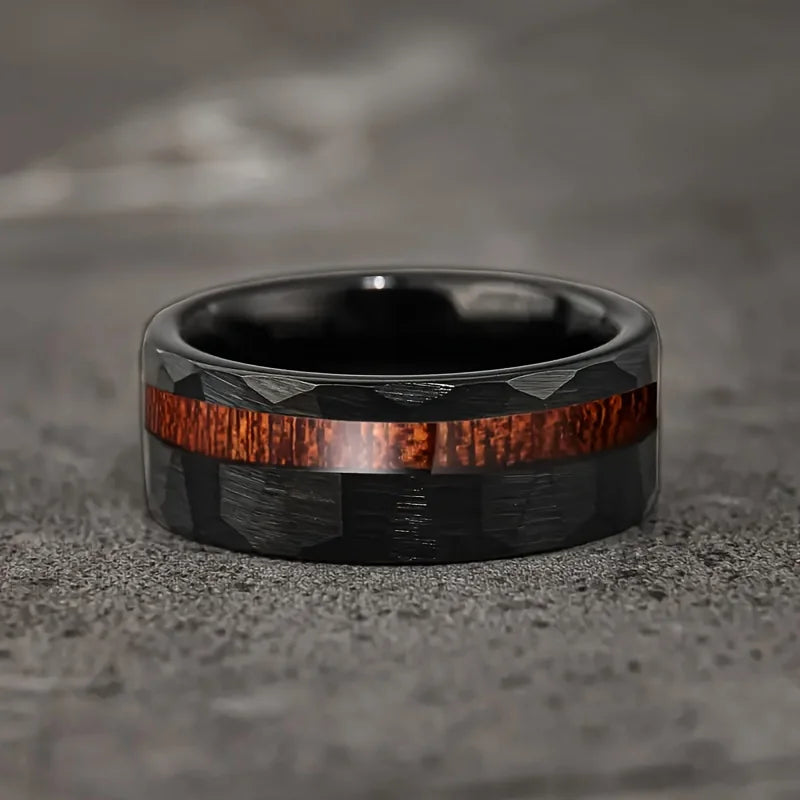 With Deer Antler Inlay Fashion Hammered 8mm Silver Color Men Stainless Steel Rings for Men Wedding Band Jewelry Wholesale