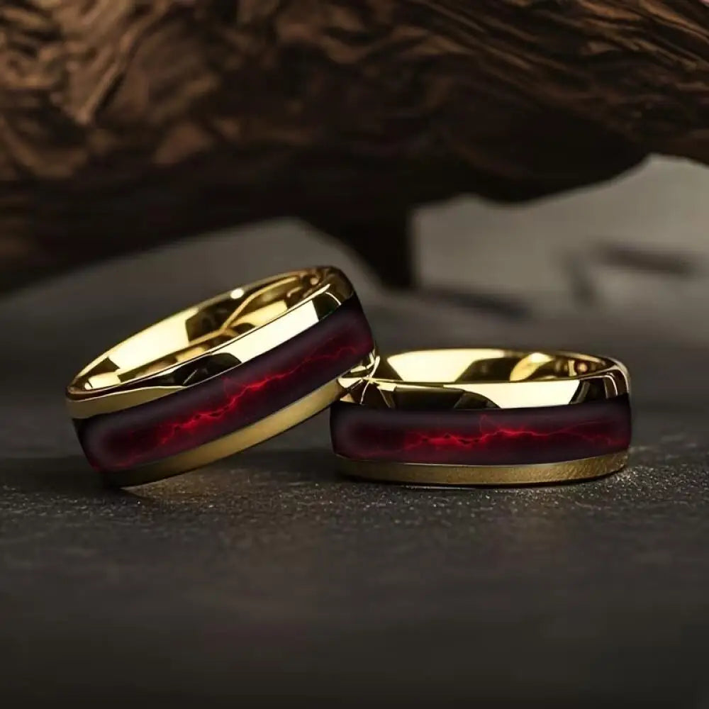 Domed Red Flame Stone Inlay Fashion 8MM Gold Color Stainless Steel Rings For Men Rings Wedding Engagement Jewelry Gift