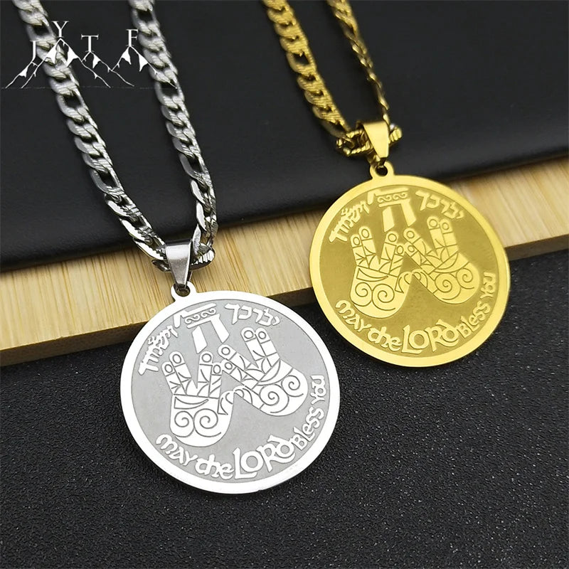 May The Lord Bless You Praying Hand Pendant Necklace For Women Men Stainless Steel Gold Color Round Medal Hebrew Hip Hop Jewelry