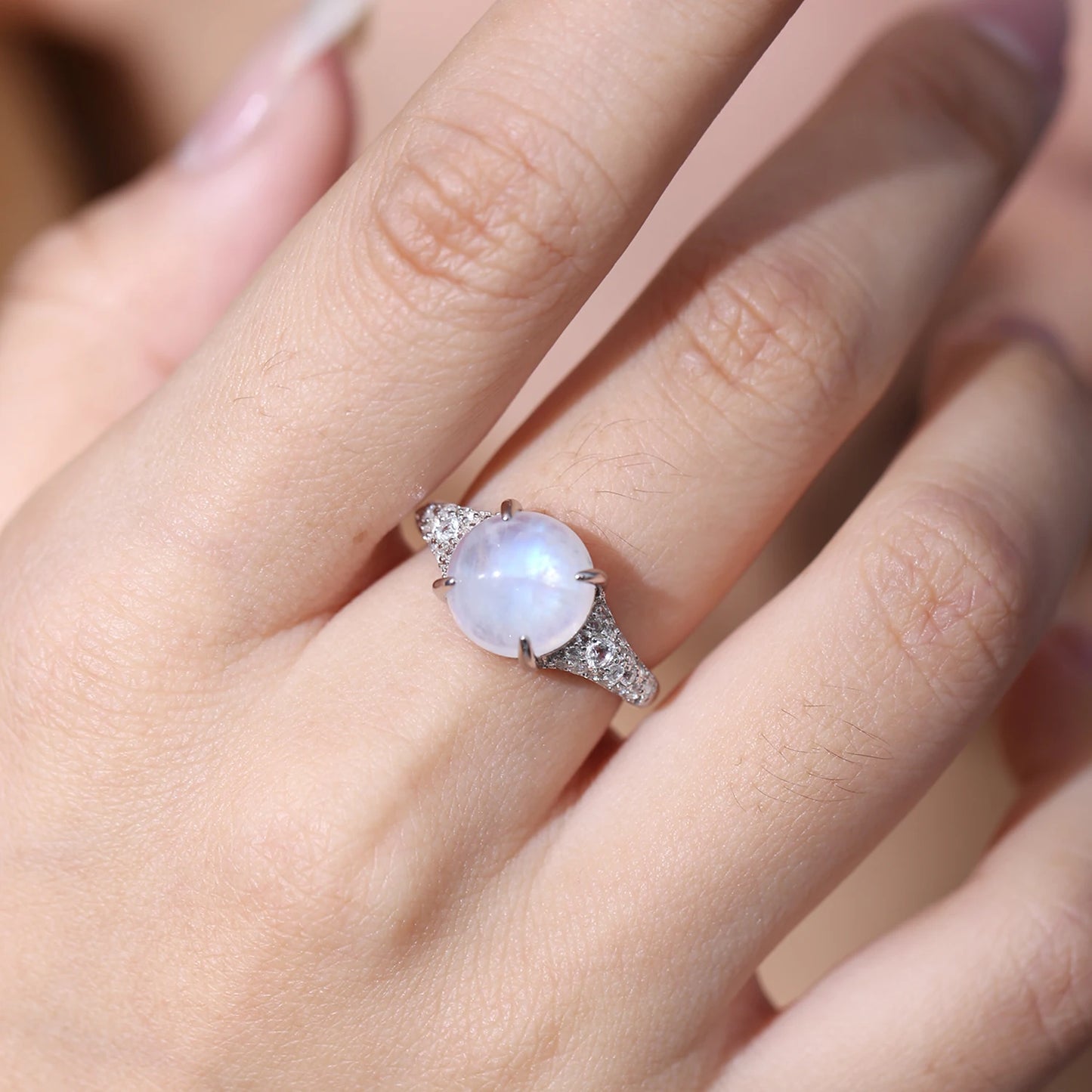 GEM'S BALLET Natural Rainbow Moonstone Dainty Gemstone Rings, 925 Sterling Silver, Gift For Her, Promise Ring, June Birthstone