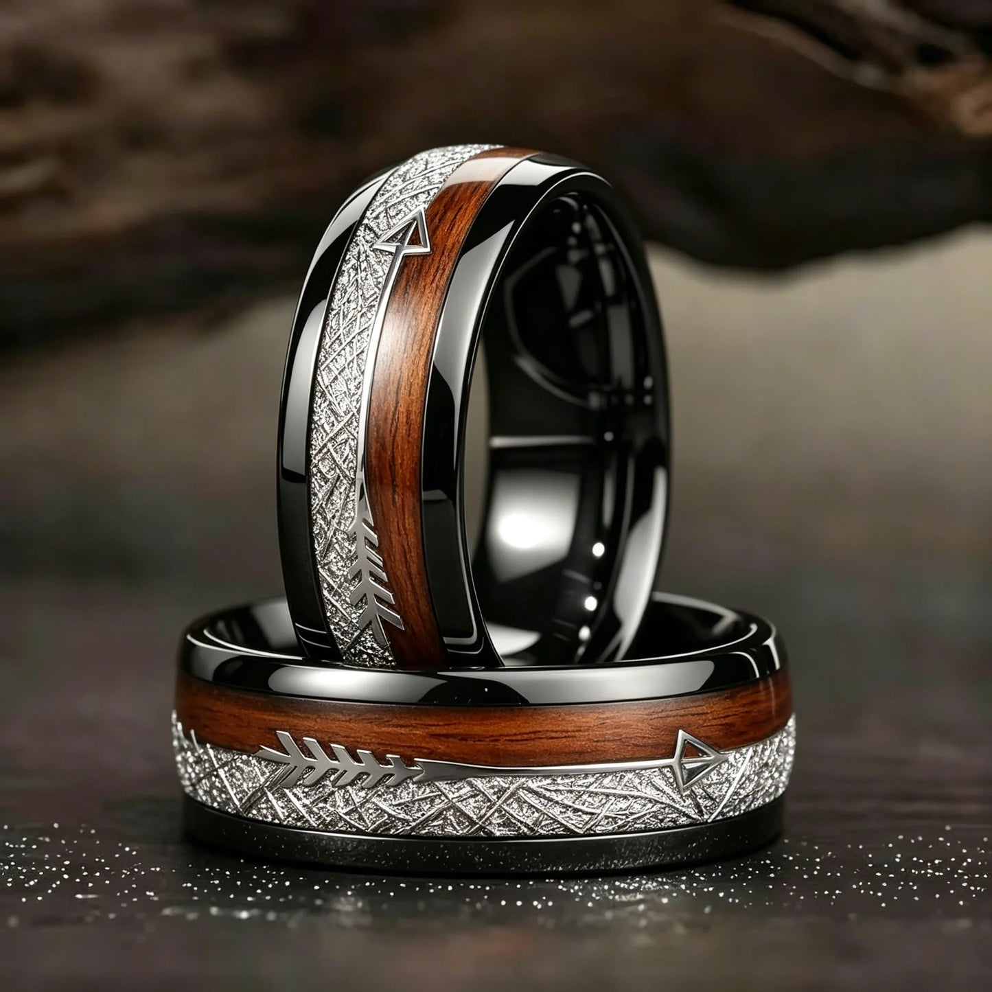 Fashion 8mm Black Stainless Steel Arrow Rings For Men Inlay Meteorite Hawaiian Koa Wood Rings Men Wedding Band Jewelry Wholesale
