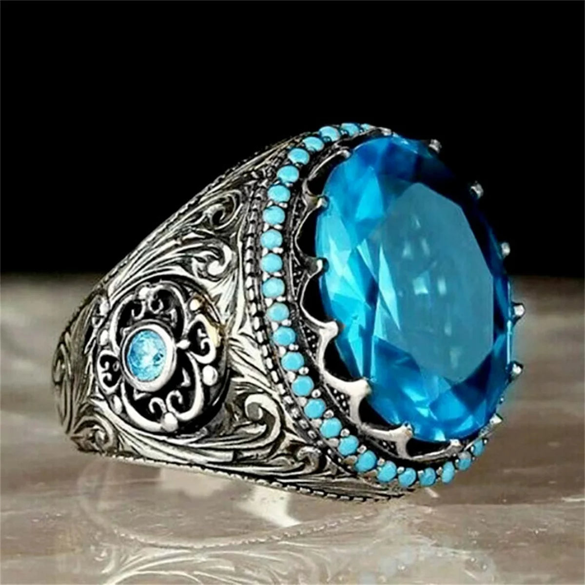 Retro Handmade Turkish Signet Ring For Men Women Ancient Silver Color Carved Eagle Ring Green Zircon Inlay Punk Motor Biker Ring